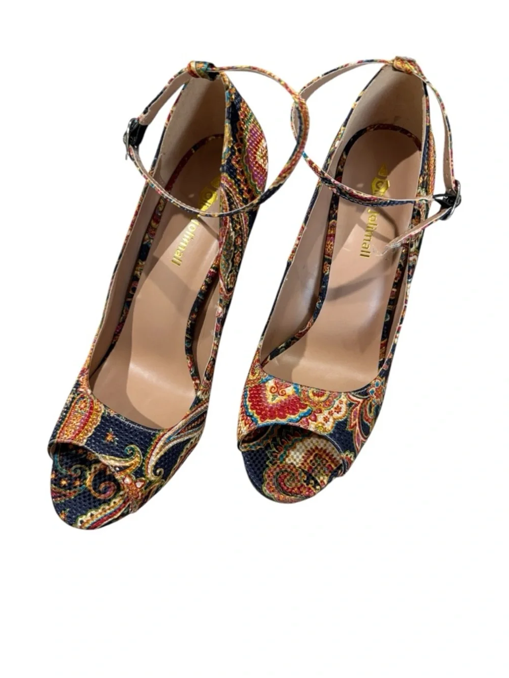 Jolimall Paisley Blue Yellow Orange Pink Ankle-Strap Peep-Toe Heels Size 9 - Picture 4 of 11